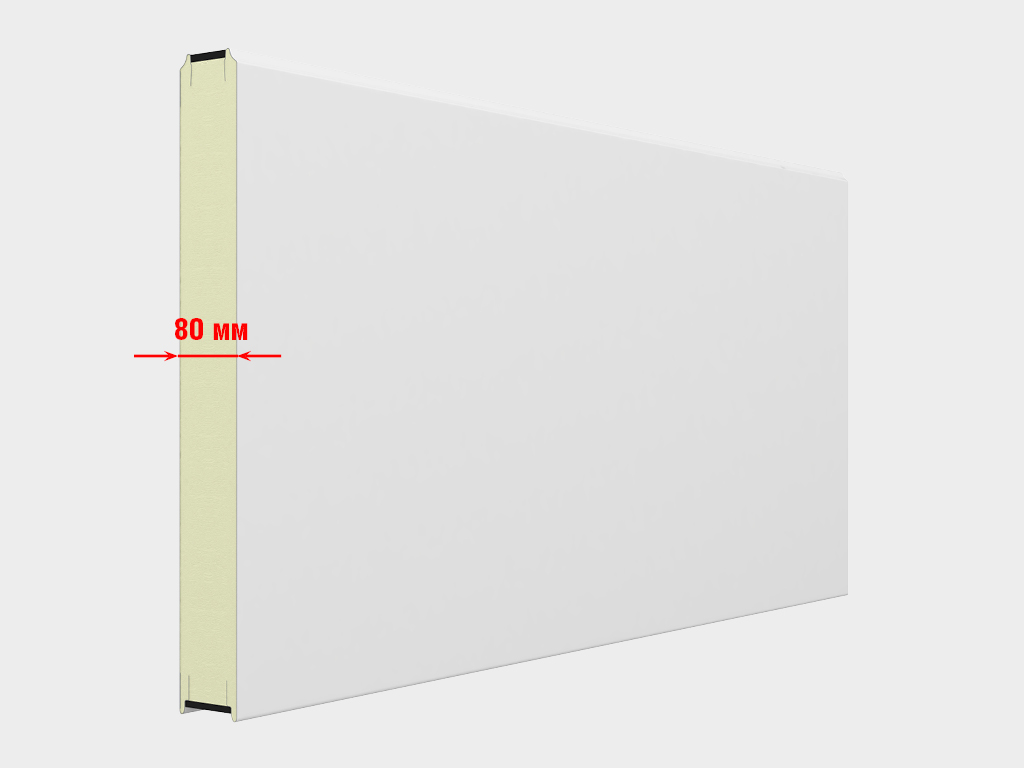 夹芯板厚度80毫米，填充高密度聚氨酯泡沫。采用内外表面钢板不直接连接的保温型门板结构设计，并且门板与门板间加装不吸水的海绵式密封材料进行热隔离，从而防止门板接缝处冻结。